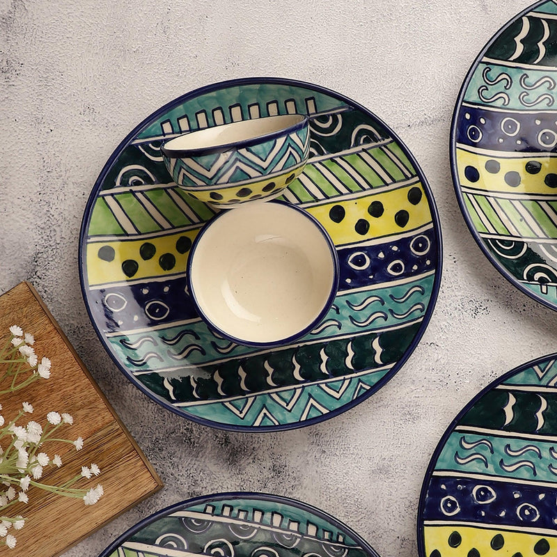 Ceramic Stripped Rain Dinner Plates with Bowls- Set Of 4 - The Decor Mart 