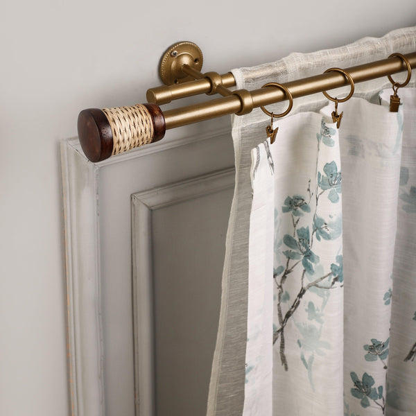 WICKER WOODEN WRAP FINIAL EXTENDABLE DOUBLE CURTAIN ROD GOLD 19MM (HARDWARE INCLUDED) - The Decor Mart 