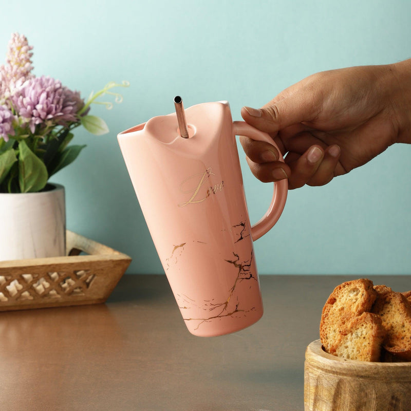 Ceramic Love Straw Mug- Pink - The Decor Mart 