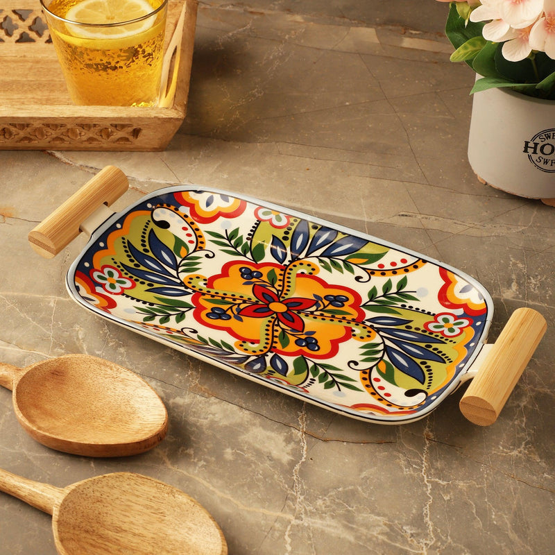 Ceramic with wooden handle Bloom Platter- Red - The Decor Mart 