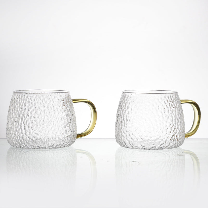 Glass Gold Handle Textured Cup- Set Of 2 - The Decor Mart 