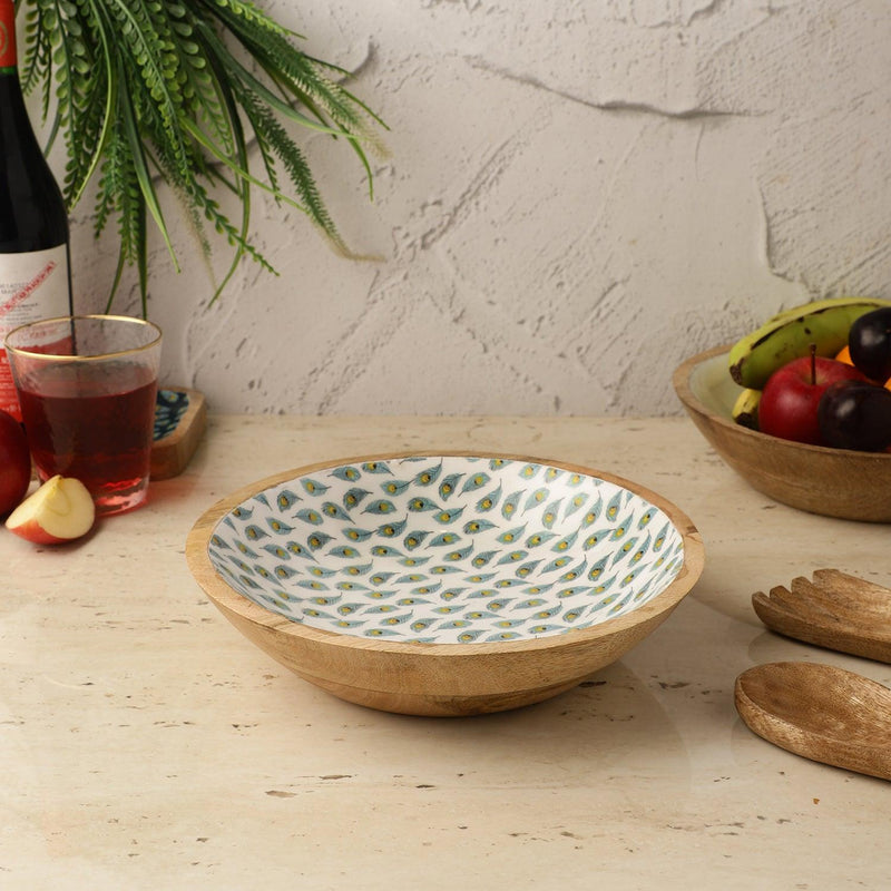 Wooden Large Salad Bowl -White Peacock - The Decor Mart 