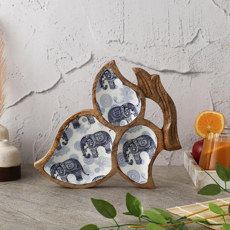 Wooden Tri Leaf Serving Platter - Royal Elephant - The Decor Mart 