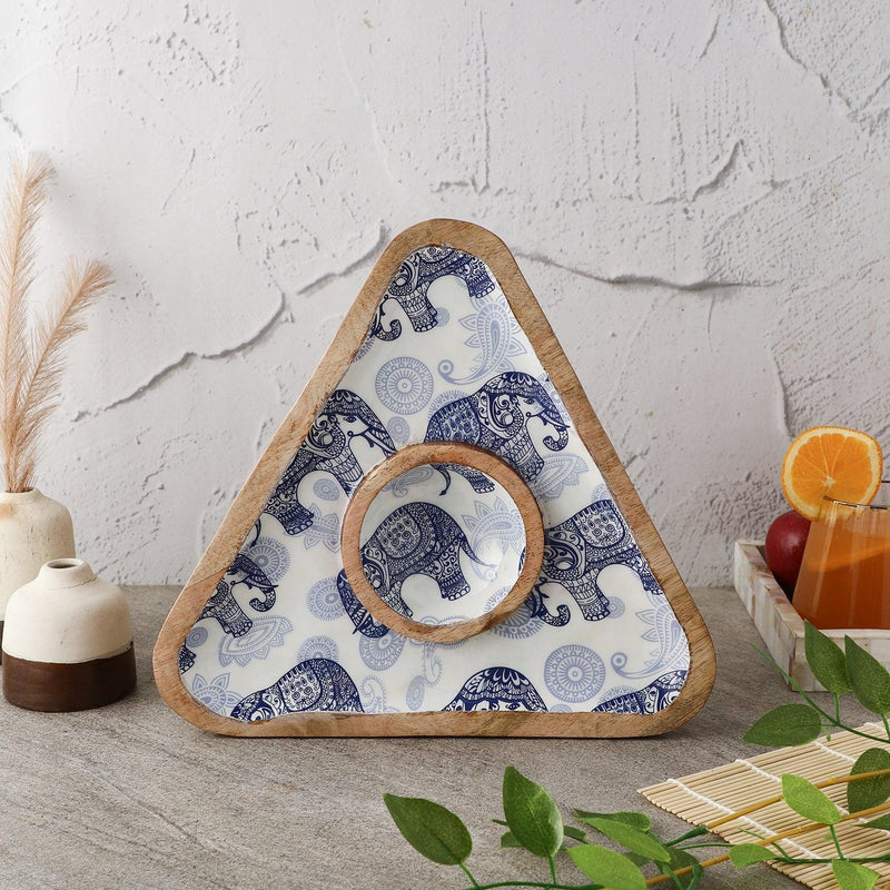 Wooden Triangular Dip Bowl Platter-Royal Elephant - The Decor Mart 