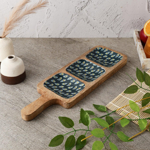 Wooden 3- Part Paddle Platter- Teal Peacock - The Decor Mart 