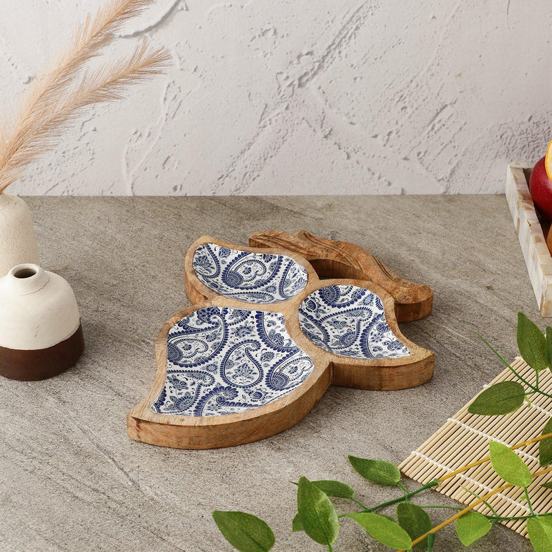 Wooden Tri Leaf Serving Platter - Royal Blue Paisley - The Decor Mart 