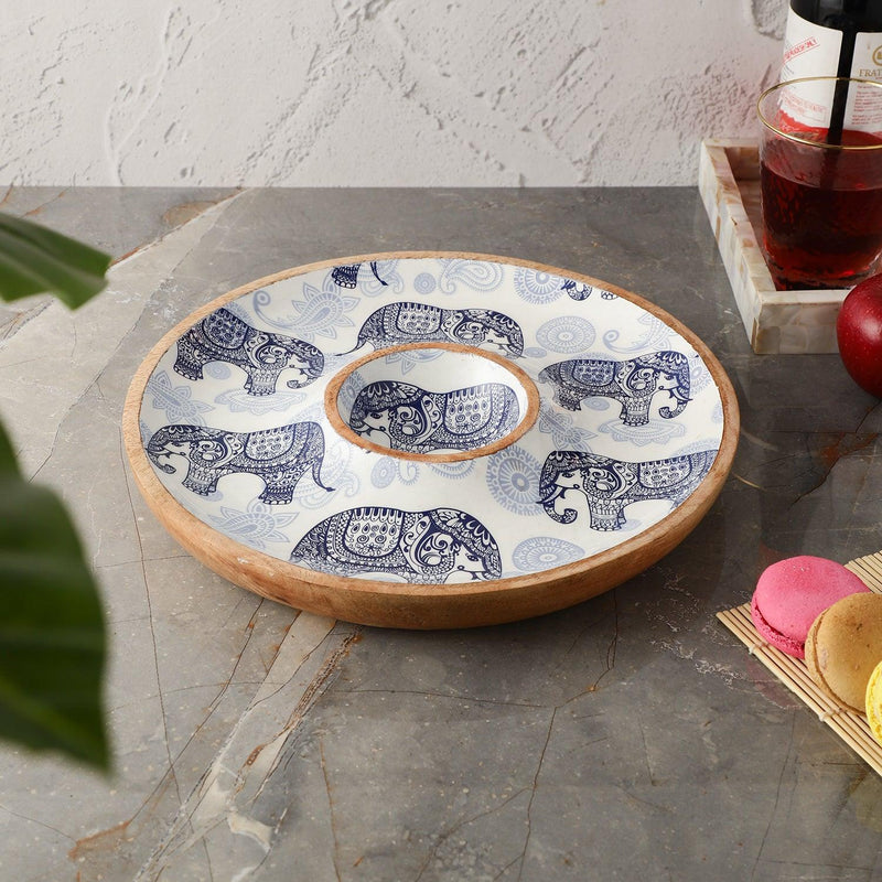 Wooden Circular Dip Bowl Platter - Royal Elephant - The Decor Mart 