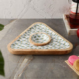 Wooden Triangular Dip Bowl Platter-White Peacock Feather - The Decor Mart 