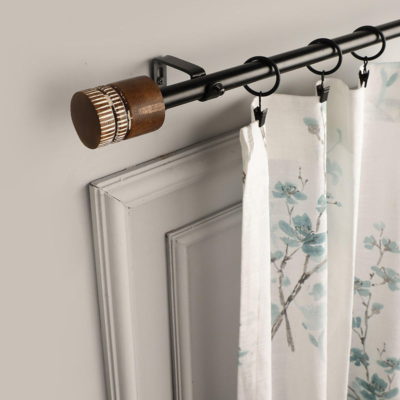 Rustic Drum Wooden Finial Extendable Single Curtain Rod Black 19MM (Hardware Included) - The Decor Mart 