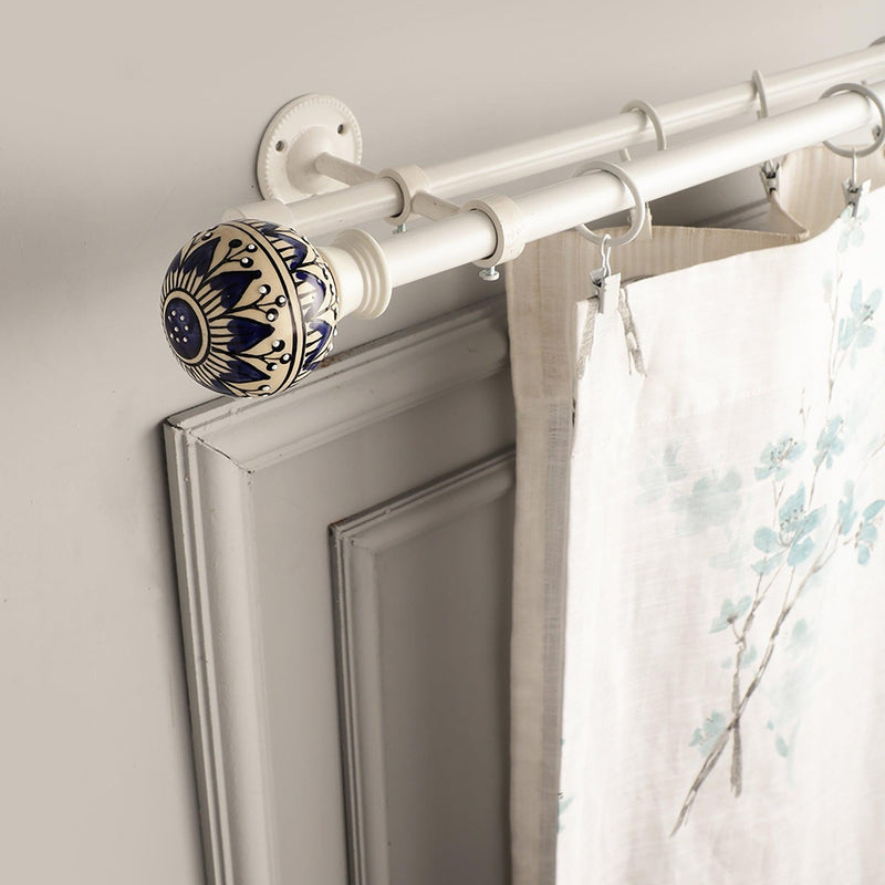 Geometric Print Finial Extendable Double Curtain Rod Beige 19MM (Hardware Included) - The Decor Mart 
