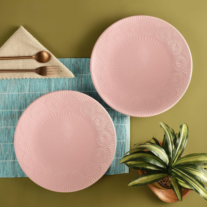Ceramic Emboss Rim Dinner Plate- Pink (Set of 2) - The Decor Mart 