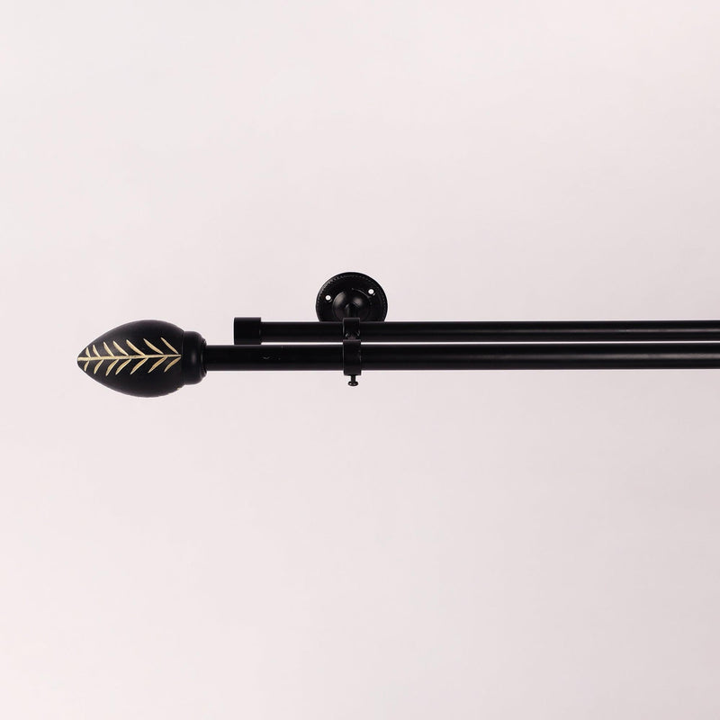 Wooden Leafy Bud Finial Extendable Double Curtain Rod Black 19MM (Hardware Included) - The Decor Mart 