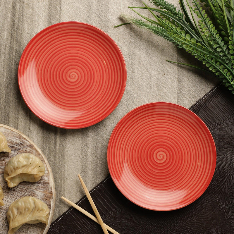 Ceramic Red Spiral Quarter Plate- Set Of 2 - The Decor Mart 