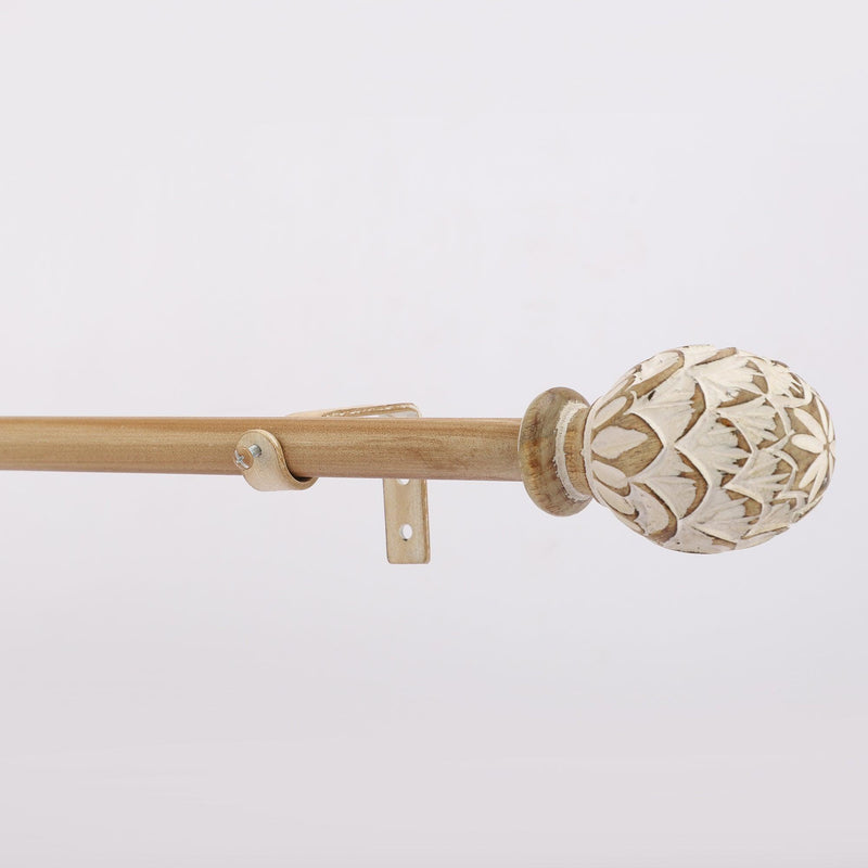 Distressed White Carved Wood Finial Extendable Curtain Rod Gold 19MM (Hardware Included) - The Decor Mart 
