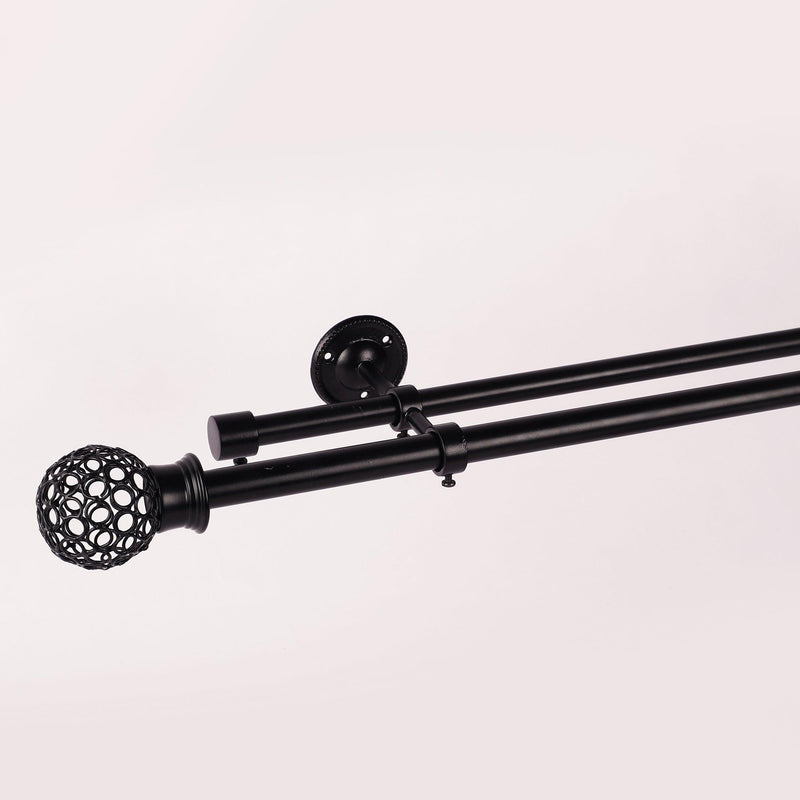 Metal Mesh Finial Extendable Double Curtain Rod Black 19MM (Hardware Included) - The Decor Mart 