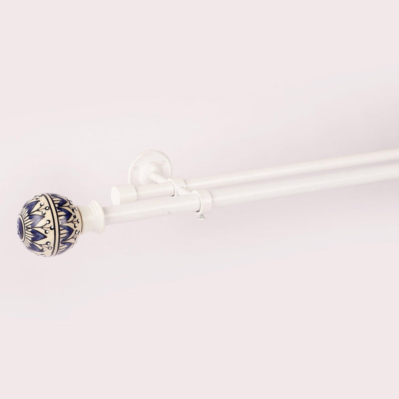 Blue Pottery Finial Extendable Double Curtain Rod White 19MM (Hardware Included) - The Decor Mart 