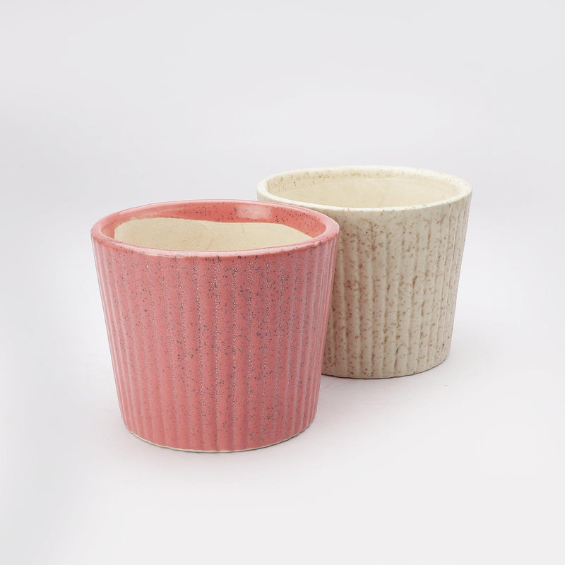 The Decor Mart Rose Pink  And Spotted Off-White Textured  Ceramic Planters- Set Of 2 - The Decor Mart 