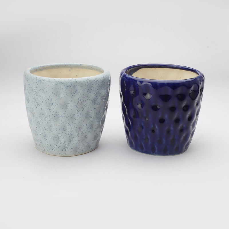 The Decor Mart Oxford Blue And Pastel Blue Handcrafted Textured  Ceramic Planter - Set Of 2 - The Decor Mart 