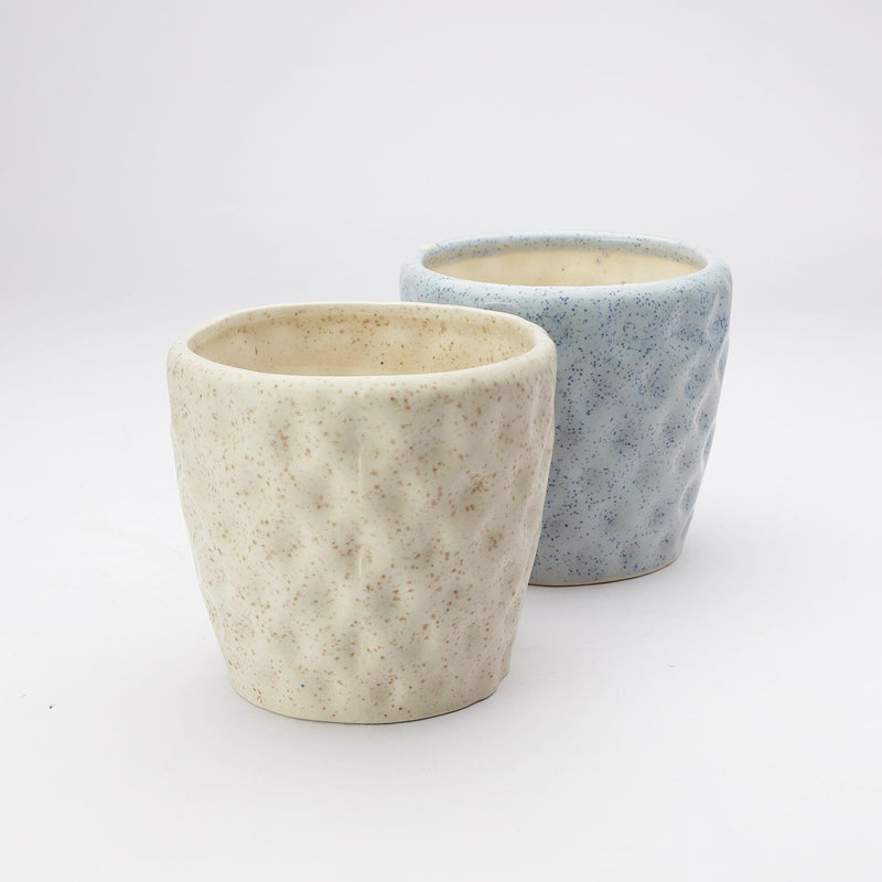 The Decor Mart Pastel Blue And Spotted Off- White Handcrafted Textured  Ceramic Planter- Set Of 2 - The Decor Mart 