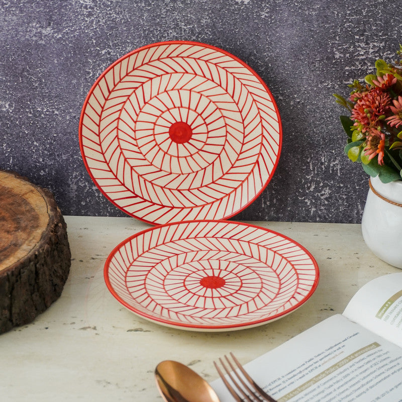 Red Illustrated Ceramic Dinner Plate- Set of 2