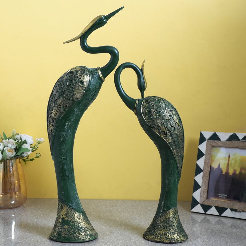 Seaweed Green Carved Resin Gold Distress Peacock Showpiece