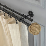 Jute Spool Finial Extendable Double Curtain Rod Black 25MM (Hardware Included) - The Decor Mart 