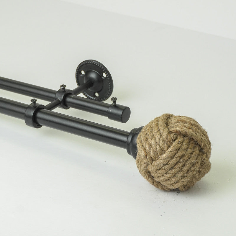Jute Spool Finial Extendable Double Curtain Rod Black 25MM (Hardware Included) - The Decor Mart 