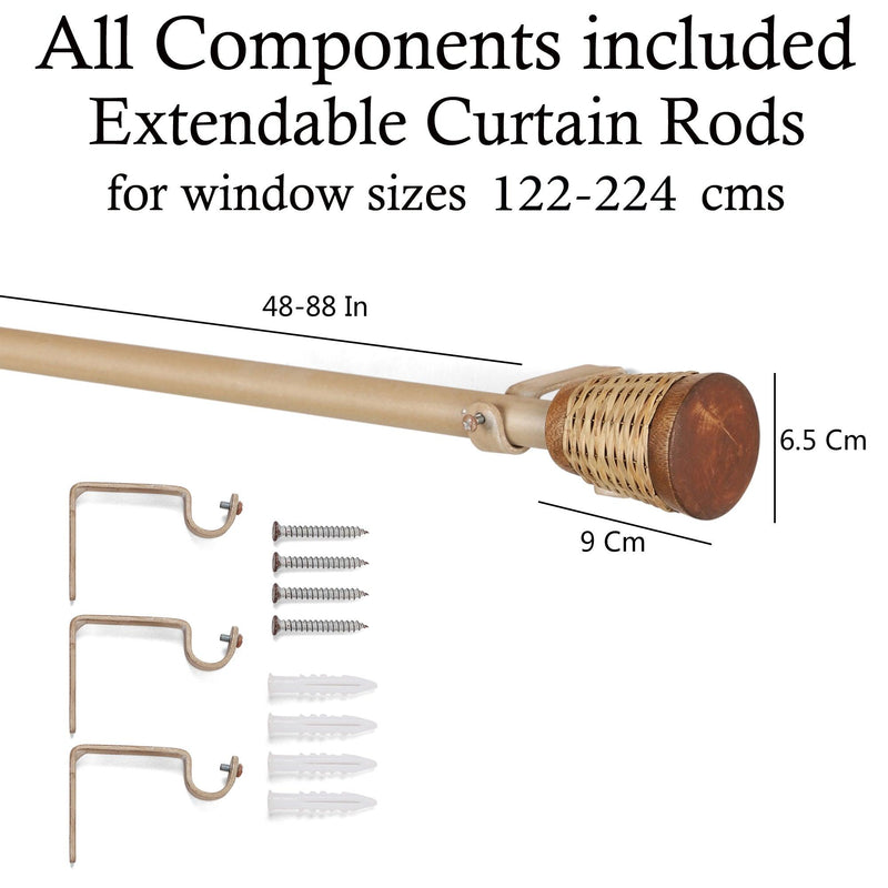 Wicker Wooden Wrap Finial Extendable Curtain Rod Beige 19MM (Hardware Included) - The Decor Mart 