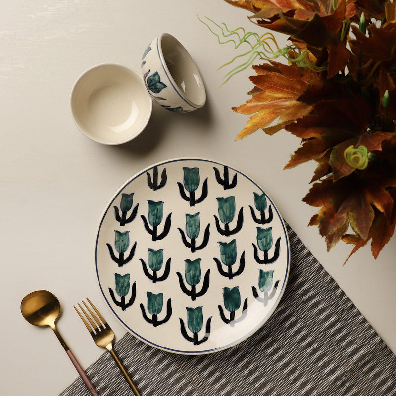 Green Tulip dinner plate and 2 Bowls - The Decor Mart 