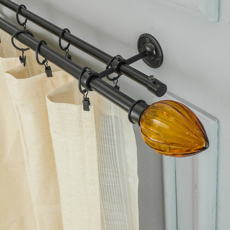 Lotus Bud Finial Extendable Double Curtain Rod Black 25MM (Hardware Included) - The Decor Mart 