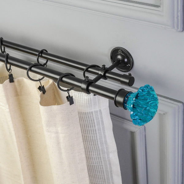 Blue Bloom Finial Extendable Double Curtain Rod Black 25MM (Hardware Included) - The Decor Mart 