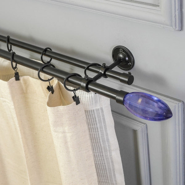 Blue Bud Finial Extendable Double Curtain Rod Black 19MM (Hardware Included) - The Decor Mart 