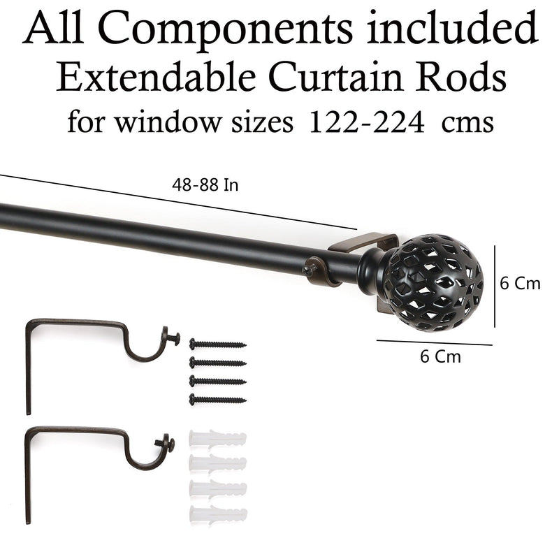 Perforated Black Metal Finial Extendable Curtain Rod Black 19MM (Hardware Included) - The Decor Mart 