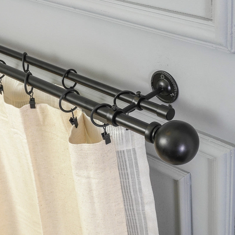 Ross Grey Metal Finial Extendable Double Curtain Rod Black 19MM (Hardware Included) - The Decor Mart 