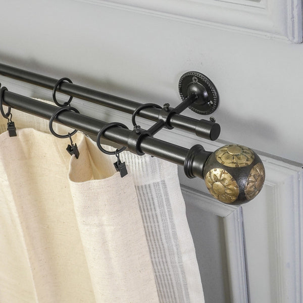 Mughal Metal Extendable Double Curtain Rod Black 25MM (Hardware Included) - The Decor Mart 