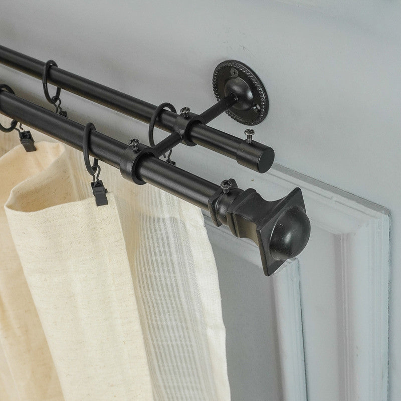 Metal Half Round Finial Extendable Double Curtain Rod Black 19MM (Hardware Included) - The Decor Mart 