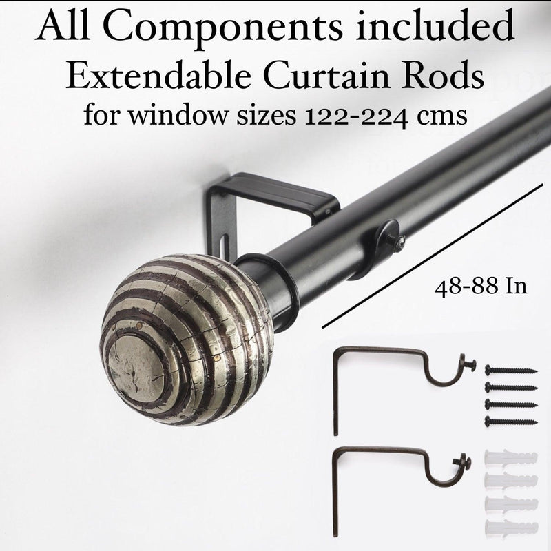 Engraved Metal Finial Extendable Curtain Rod Black 19MM (Hardware Included) - The Decor Mart 