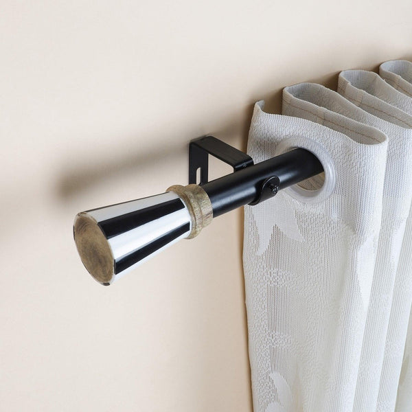 BW Striped Wood Finial Extendable Curtain Rod Black 19MM (Hardware Included) - The Decor Mart 