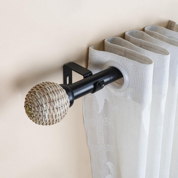 Wicker Weave Finial Extendable Curtain Rod Black 25MM (Hardware Included) - The Decor Mart 