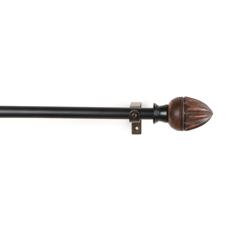 Brown Tusky Wood Finial Extendable Curtain Rod Black 25MM (Hardware Included) - The Decor Mart 