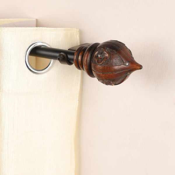 Brown Conch Wood Finial Extendable Curtain Rod Black 25MM (Hardware Included) - The Decor Mart 
