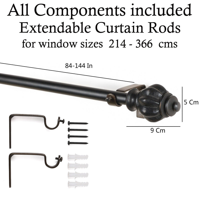 Epitome Wood Finial Extendable Curtain Rod Black 25MM (Hardware Included) - The Decor Mart 