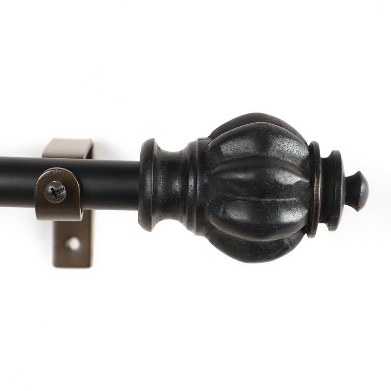 Epitome Wood Finial Extendable Curtain Rod Black 25MM (Hardware Included) - The Decor Mart 