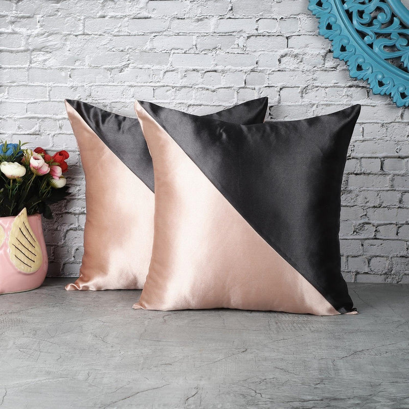 Asymmetrical Satin Cushion Cover- Black & Pink (Set of 2) - The Decor Mart 