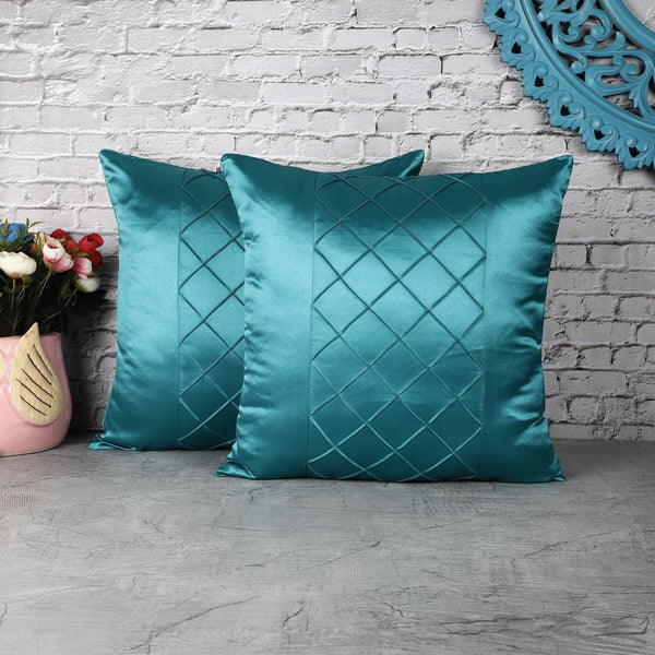 Check Satin Cushion Cover- Turquoise (Set of 2) - The Decor Mart 