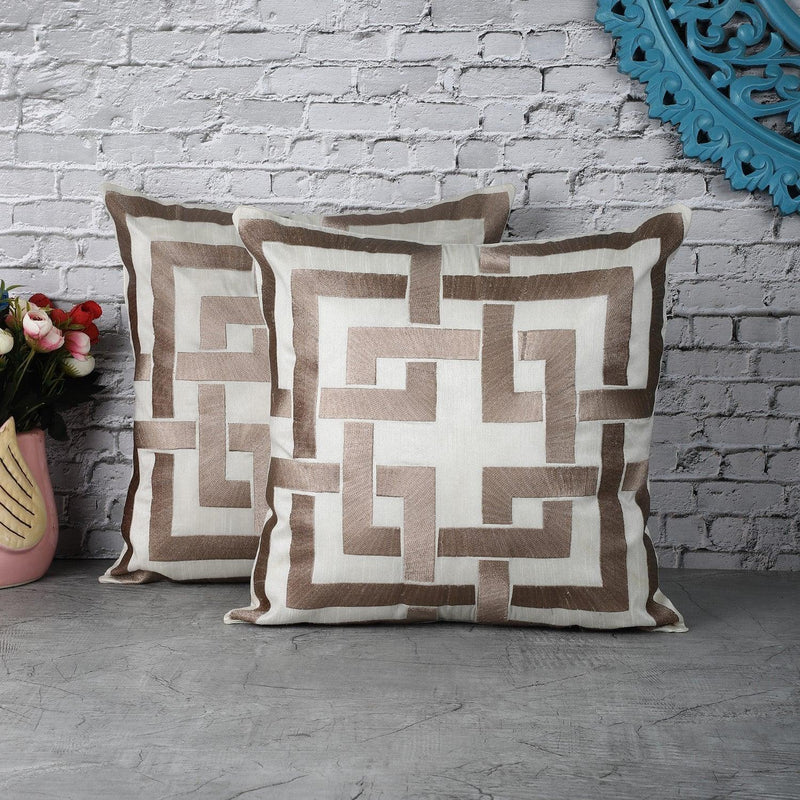 Geometric Satin Cushion Cover- White & Brown (Set of 2) - The Decor Mart 