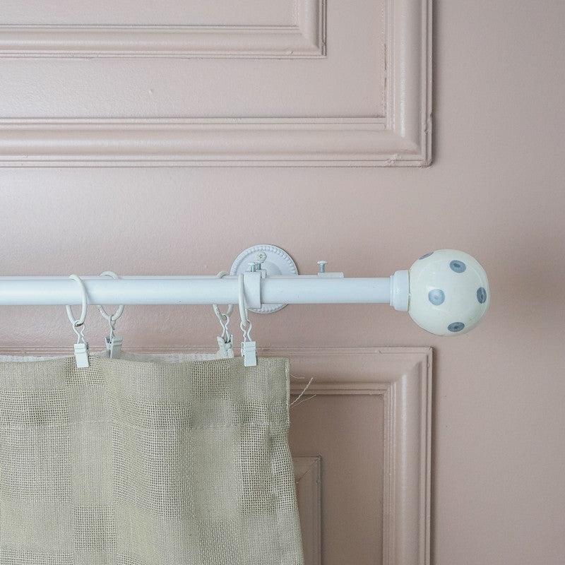 Grey Polka Ceramic Finial Extendable Double Curtain Rod White 19MM (Hardware Included) - The Decor Mart 