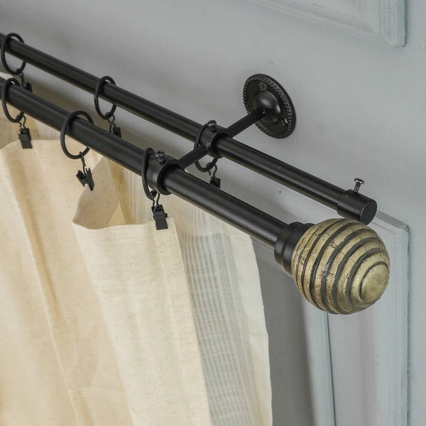 Engraved Metal Finial Extendable Double Curtain Rod Black 19MM (Hardware Included) - The Decor Mart 