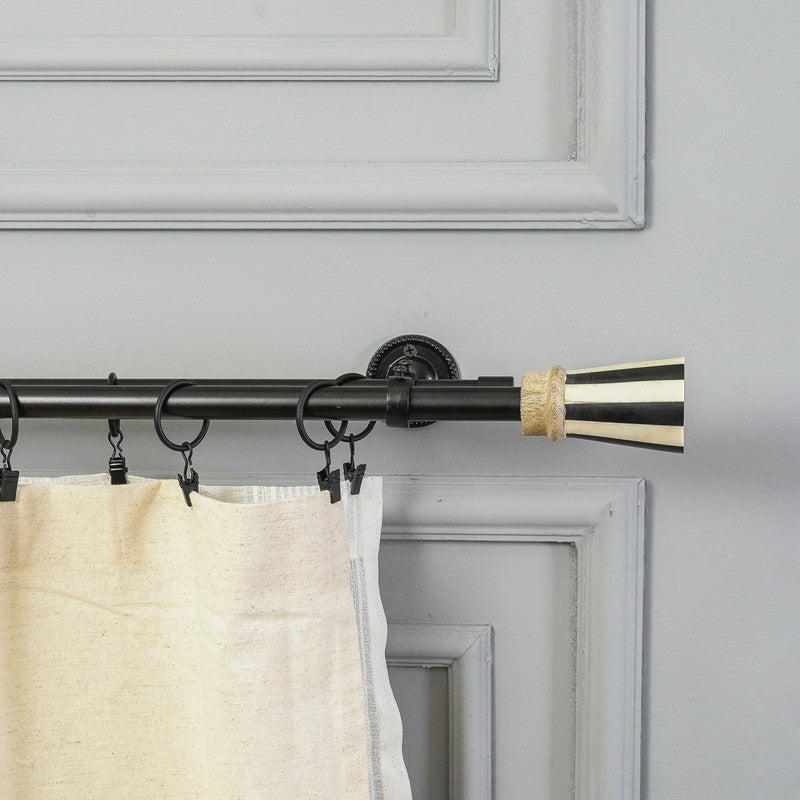 BW Striped Wood Finial Extendable Double Curtain Rod Black 19MM (Hardware Included) - The Decor Mart 