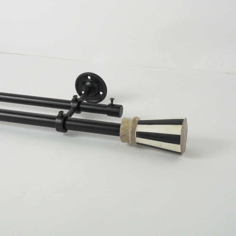 BW Striped Wood Finial Extendable Double Curtain Rod Black 19MM (Hardware Included) - The Decor Mart 